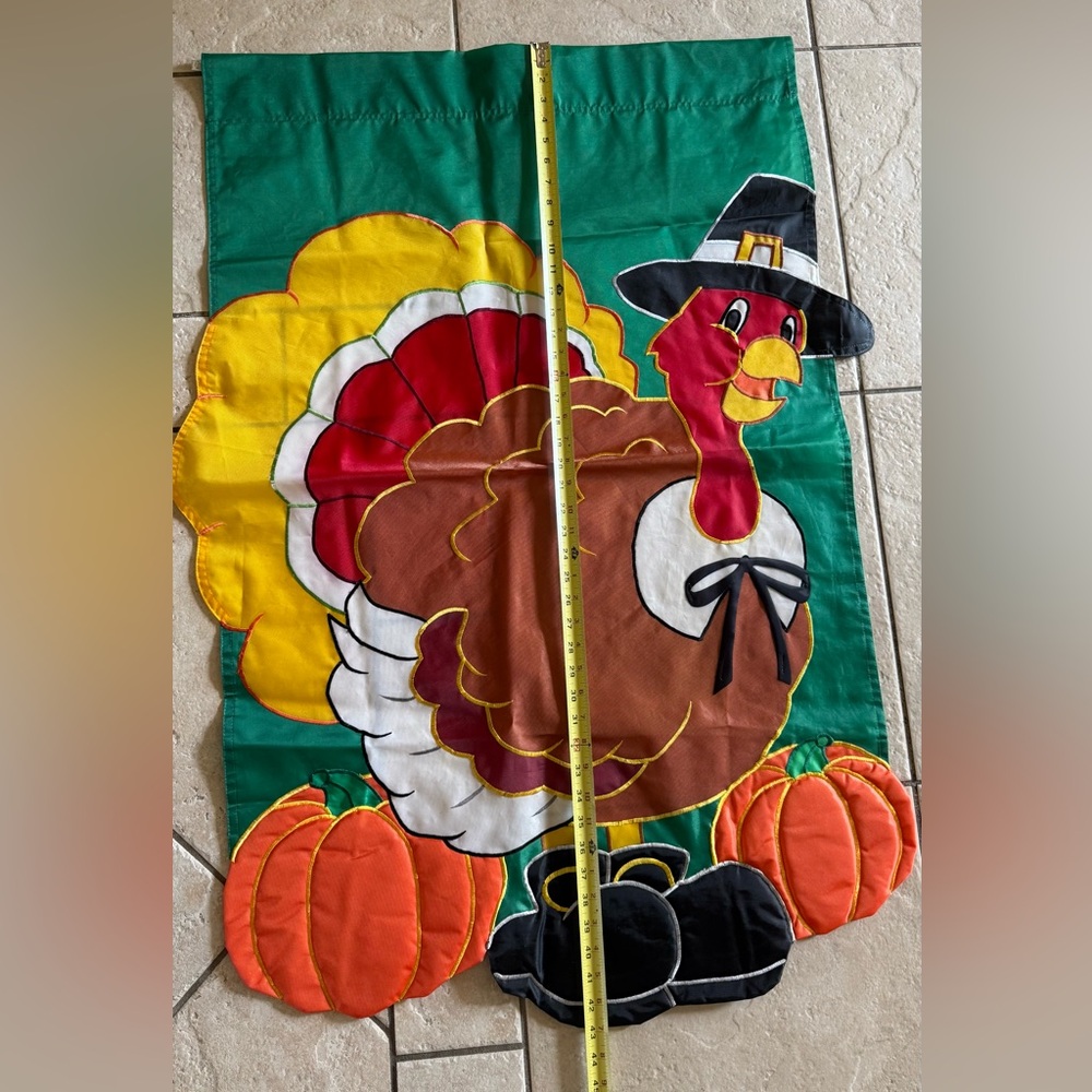 Vintage Thanksgiving Pilgrim Turkey Applique Garden Flag - Large - Picture 4 of 4